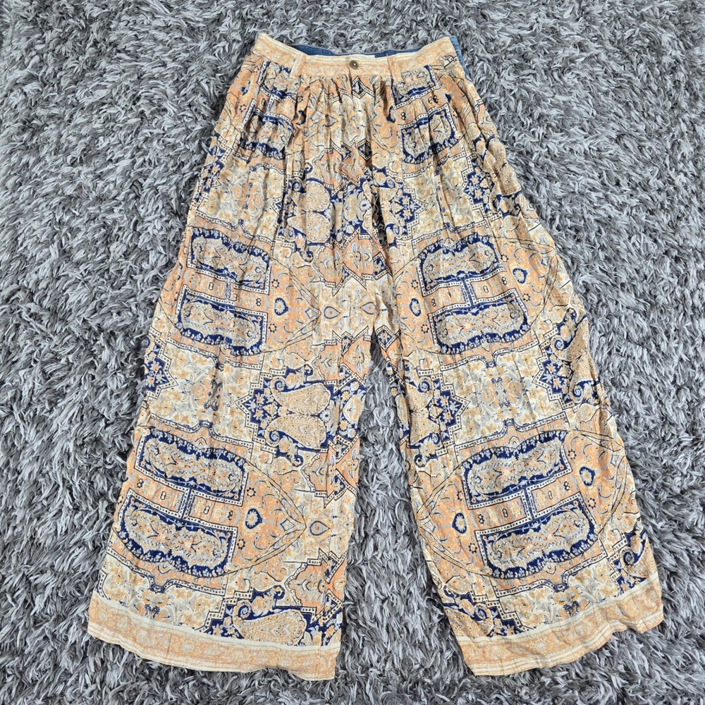 We The Free Free People Mixed Media Paisley Denim Wide Leg Pants 27 Boho Blue